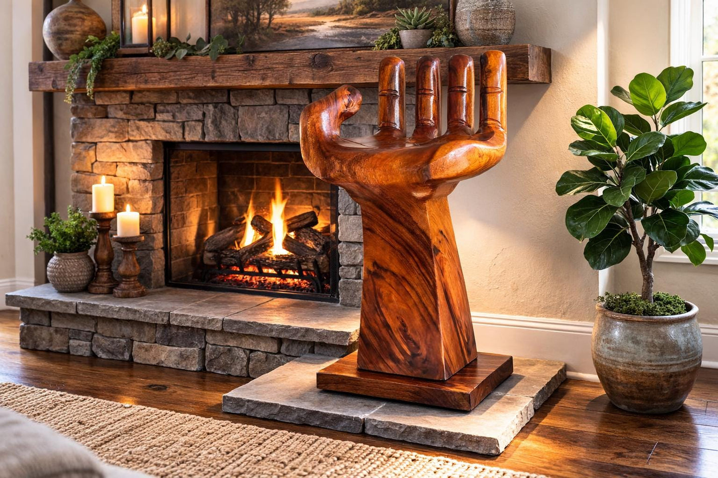 Hand-Carved Wooden Hand Stool - Sculptural Bar or Counter Seating