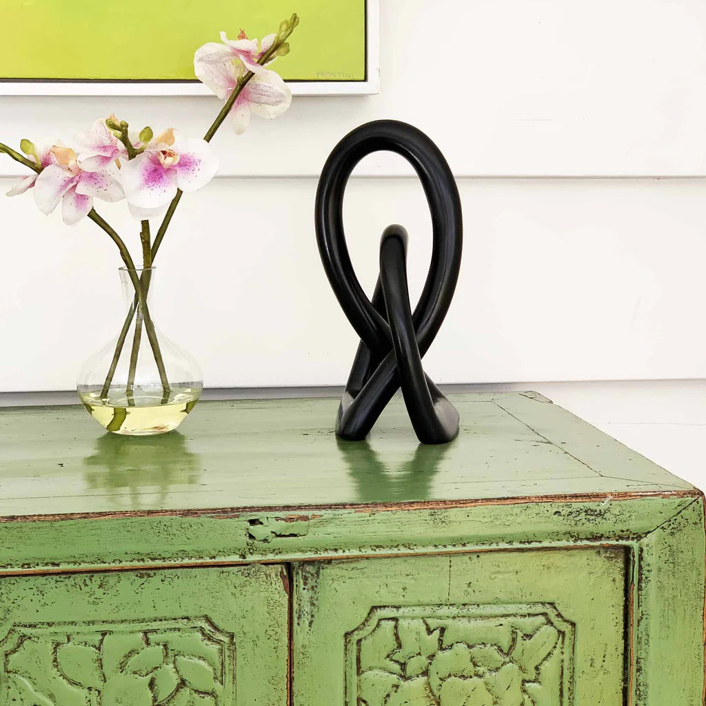 Soapstone Lovers Knot – 10" Black Hand-Carved Sculpture | Symbol of Love & Unity | African Home Decor