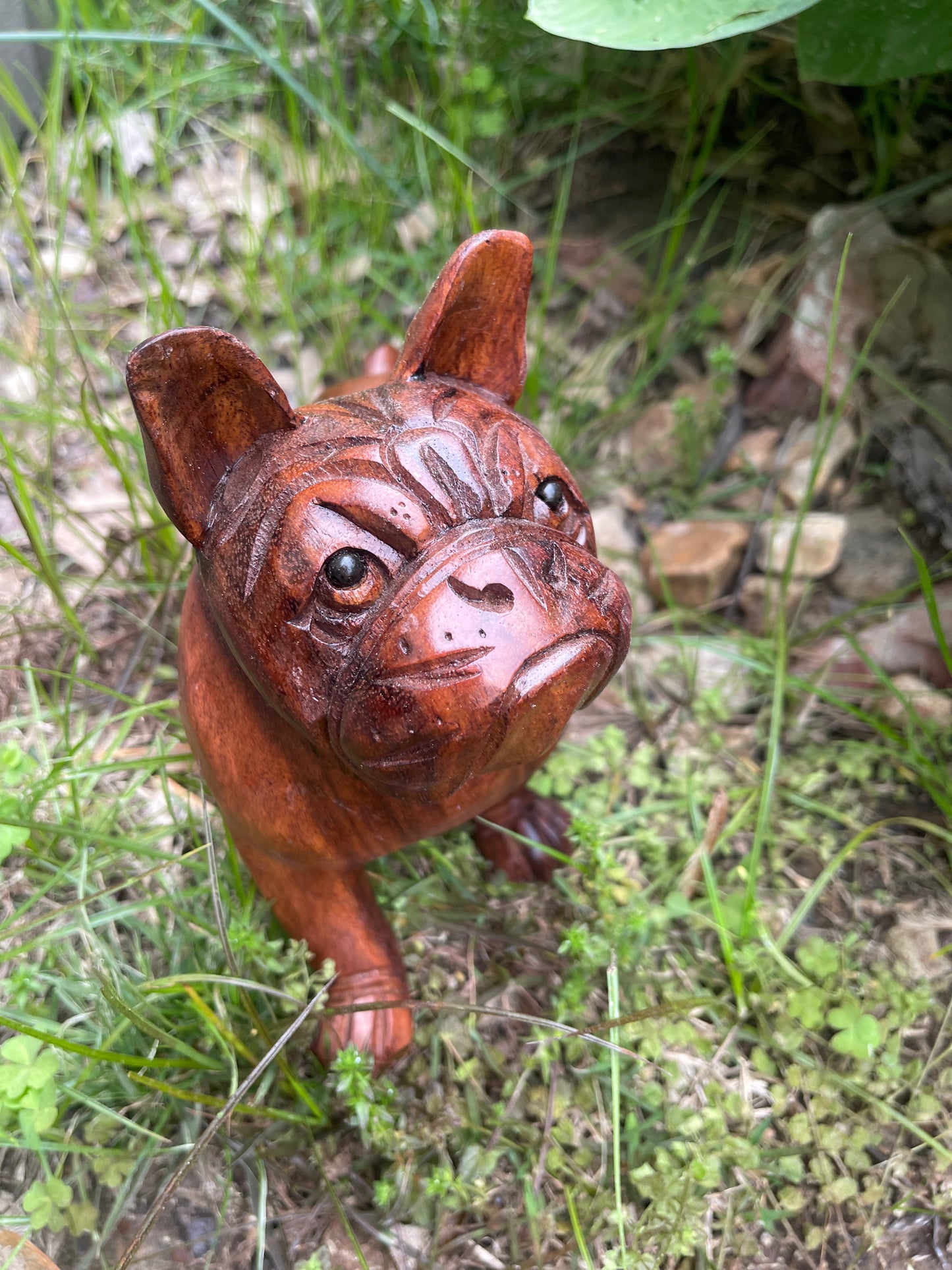 Hand-Carved Wooden Bulldog Sculpture with Black Onyx Eyes – Unique Rustic Home Decor & Gift for Dog Lovers