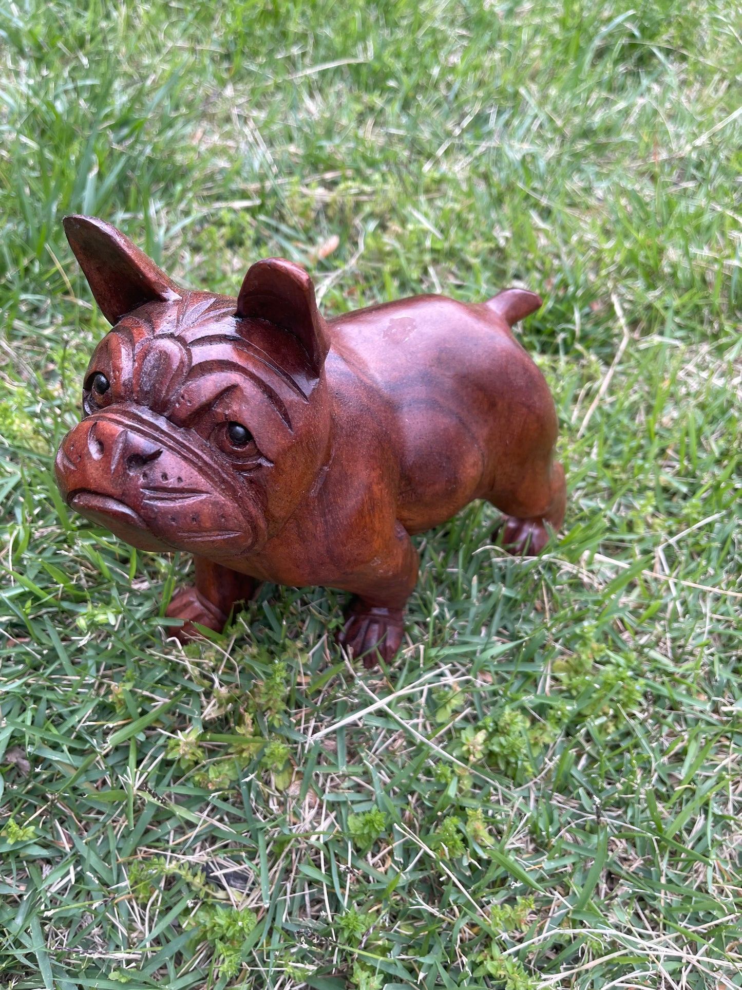 Hand-Carved Wooden Bulldog Sculpture with Black Onyx Eyes – Unique Rustic Home Decor & Gift for Dog Lovers