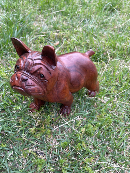 Hand-Carved Wooden Bulldog Sculpture with Black Onyx Eyes – Unique Rustic Home Decor & Gift for Dog Lovers