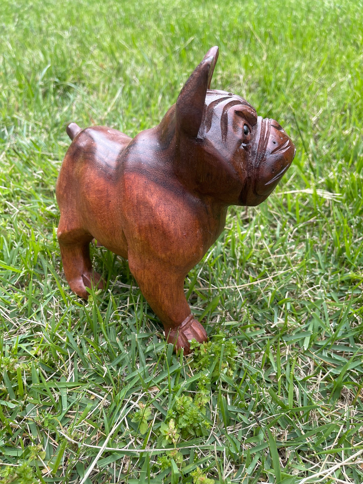Hand-Carved Wooden Bulldog Sculpture with Black Onyx Eyes – Unique Rustic Home Decor & Gift for Dog Lovers
