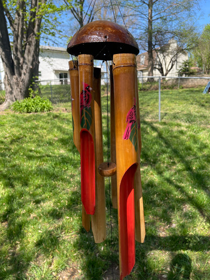 Cardinal Bird Painted Half Coconut Top Bamboo Wind Chime – Handcrafted Outdoor Decor