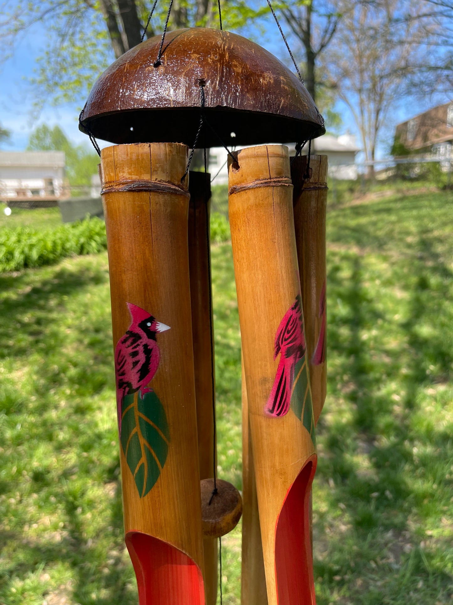 Cardinal Bird Painted Half Coconut Top Bamboo Wind Chime – Handcrafted Outdoor Decor