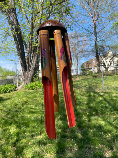 Cardinal Bird Painted Half Coconut Top Bamboo Wind Chime – Handcrafted Outdoor Decor