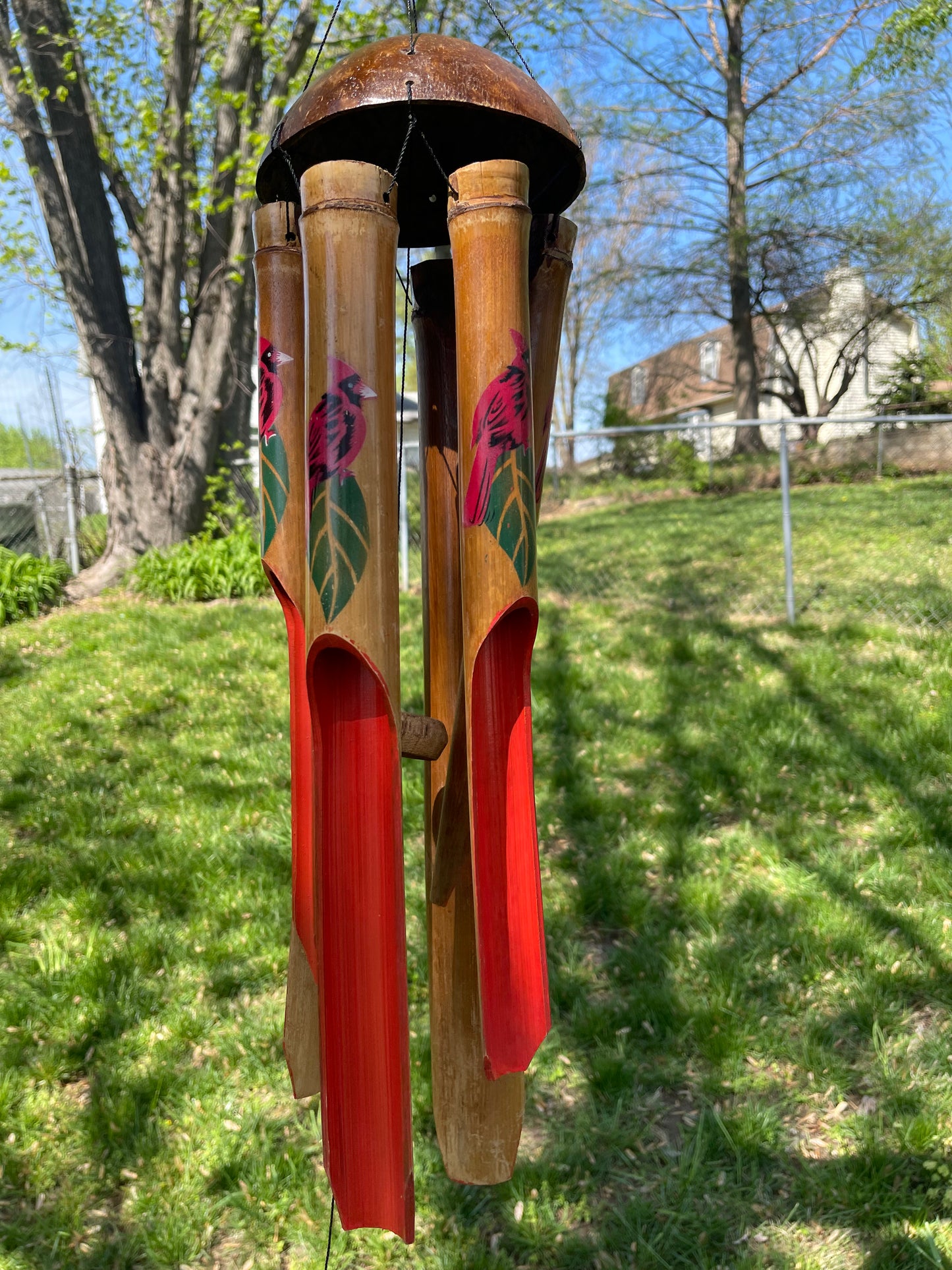 Cardinal Bird Painted Half Coconut Top Bamboo Wind Chime – Handcrafted Outdoor Decor