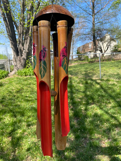 Cardinal Bird Painted Half Coconut Top Bamboo Wind Chime – Handcrafted Outdoor Decor