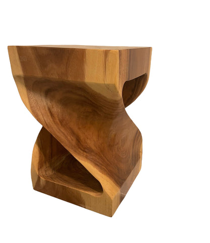 Hand-Carved Suar Wood Twist Stool: Natural Chic Accent Decor