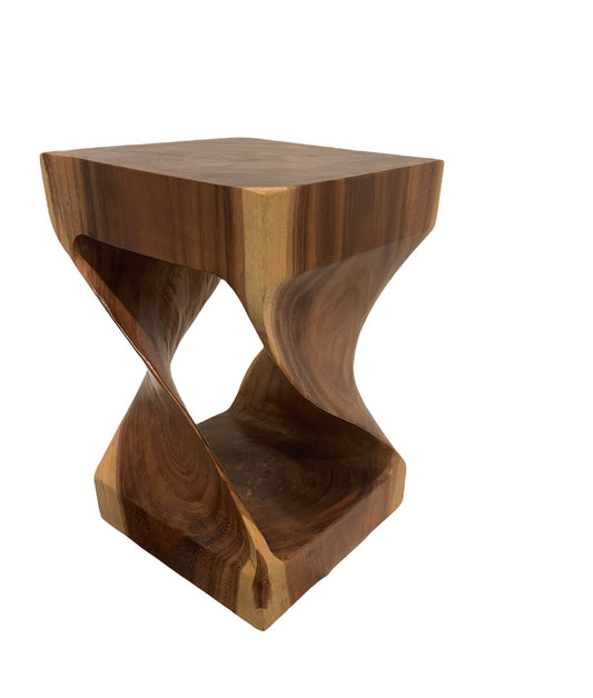 Hand-Carved Suar Wood Twist Stool: Natural Chic Accent Decor
