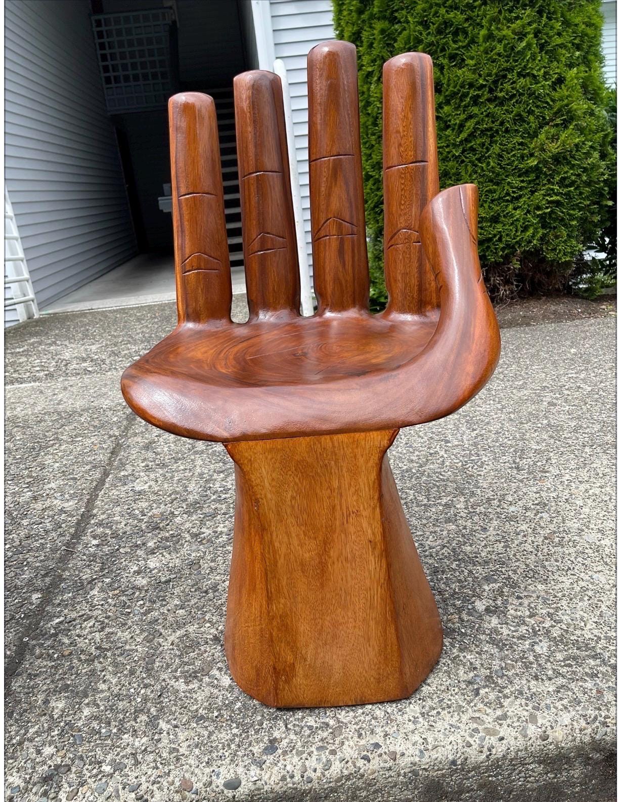 Hand-Carved Wooden Hand Chair  Sculptural Accent Furniture  Functional Art Chair  Boho Decor Statement Seating  Unique Wood Sculpture