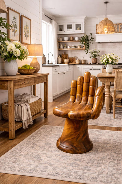 Hand-Carved Wooden Hand Chair – Sculptural Accent Seat, Handmade Artistic Furniture, Unique Statement Décor