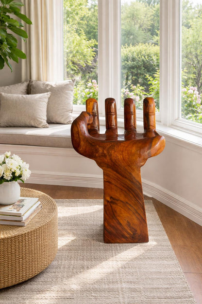 Hand-Carved Wooden Hand Stool - Sculptural Bar or Counter Seating