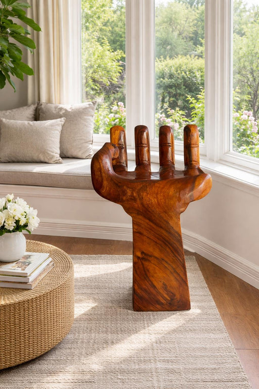 Hand-Carved Wooden Hand Stool - Sculptural Bar or Counter Seating