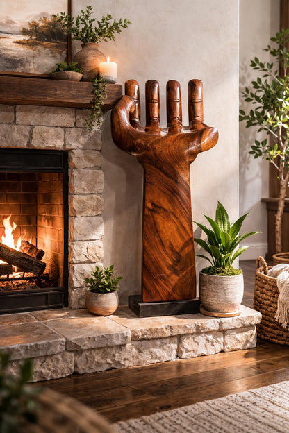Hand-Carved Wooden Hand Stool - Sculptural Bar or Counter Seating